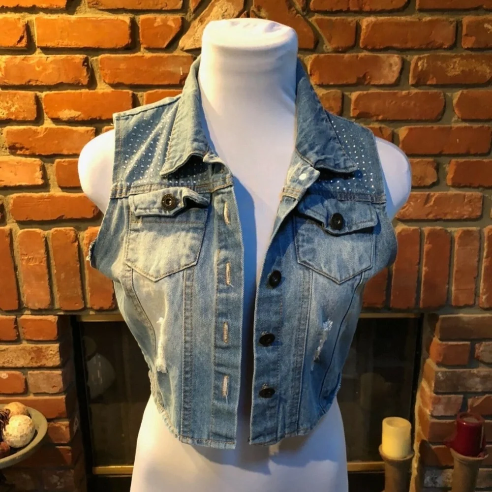 Light Blue Destroyed Cropped Jean Vest Top